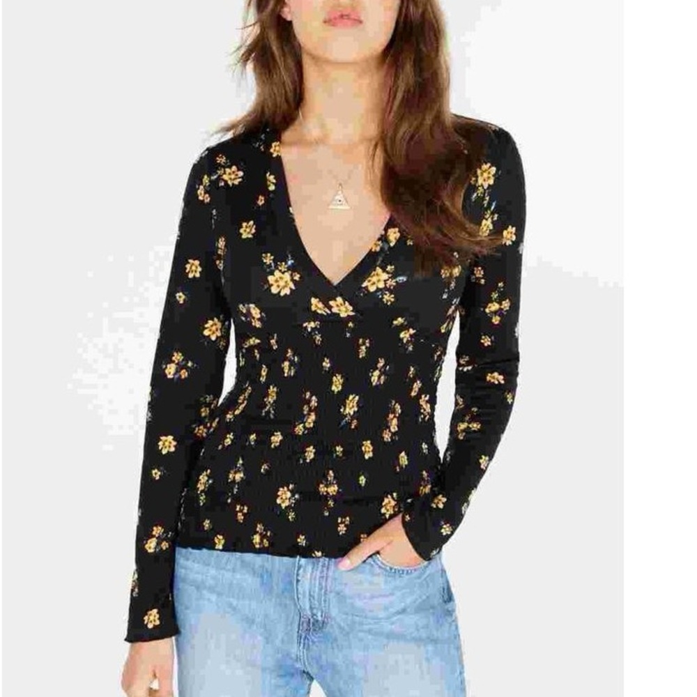 Black Yellow Floral V-Neck Top with Ruched Waist